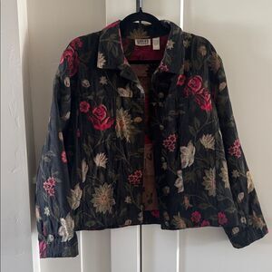 Chicos Vintage Black Floral Tapestry Jacket Coat Button Down Classic Size 2 (L)